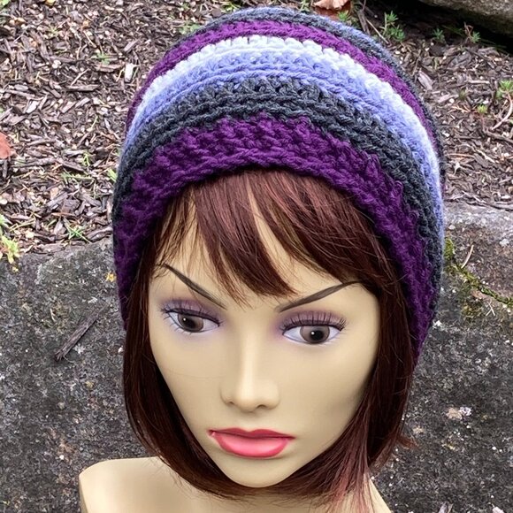 Plum Gray Stripe Hand Knit / Crochet Unisex  Winter Beanie NEW - Picture 2 of 11